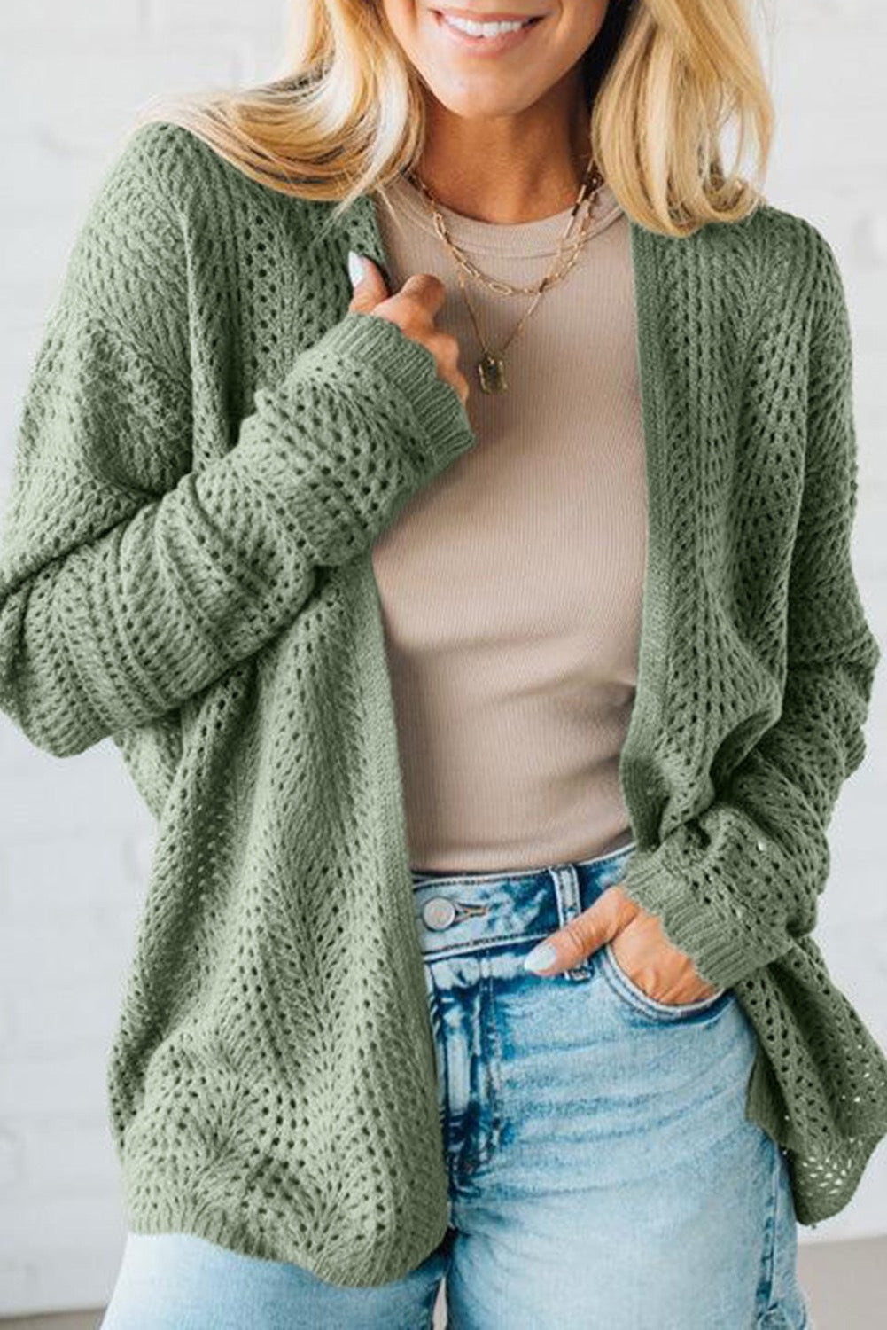 Green Scalloped Edge Eyelet Knit Batwing Sleeve Cardigan