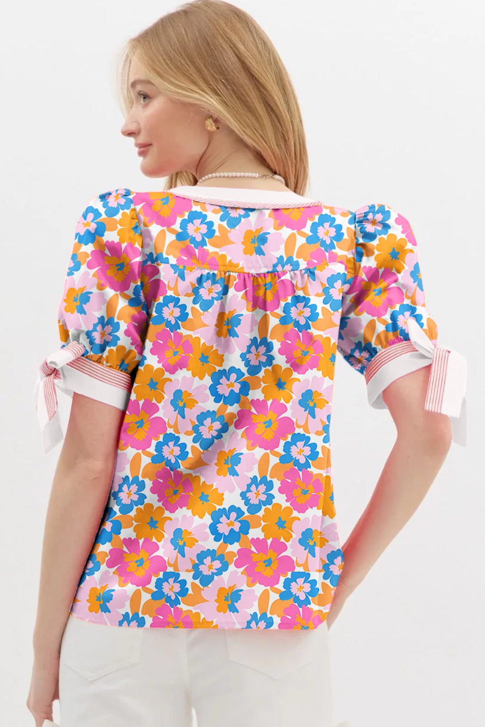 White Floral Striped Edge Short Sleeve Blouse