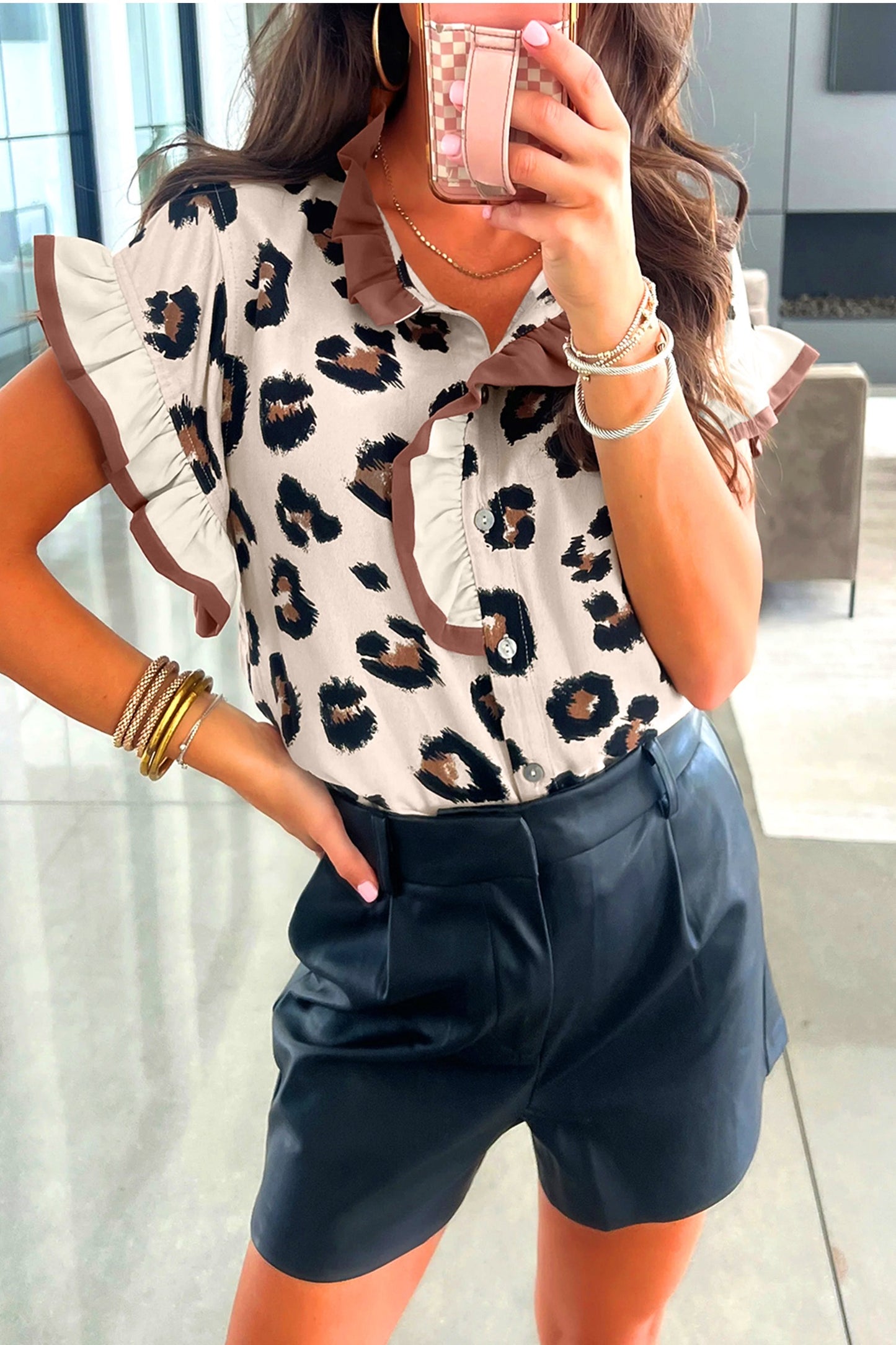 Khaki Leopard Printed Ruffle Sleeve Blouse