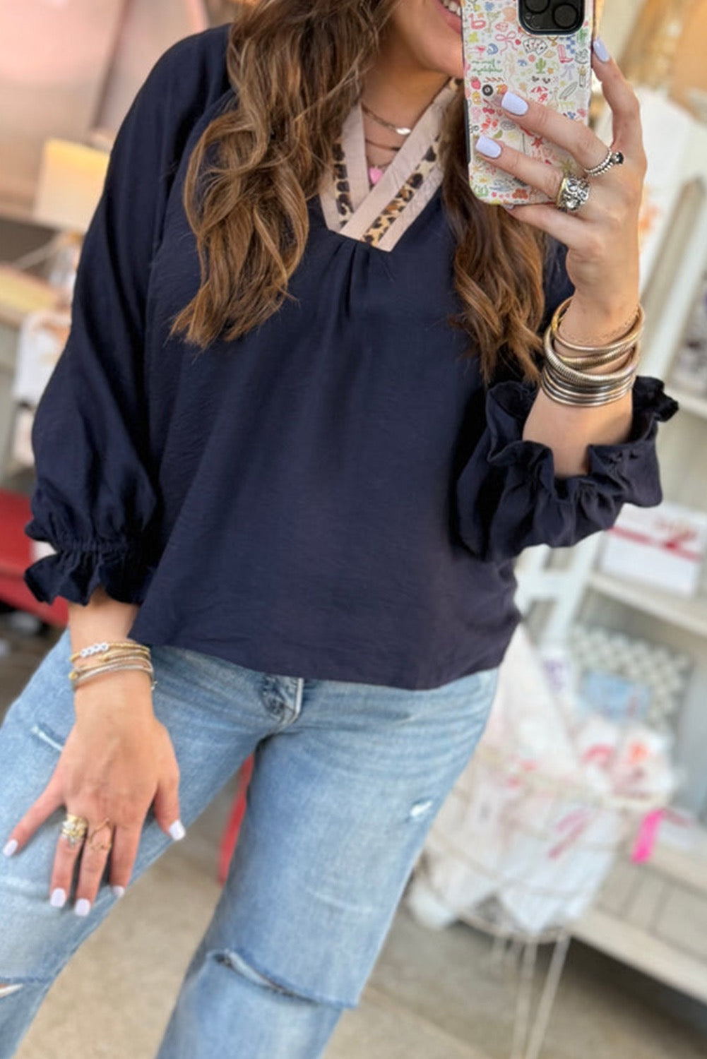 Navy Blue Contrast Leopard Patchwork Collar Plus Size Long Flounce Sleeve Blouse