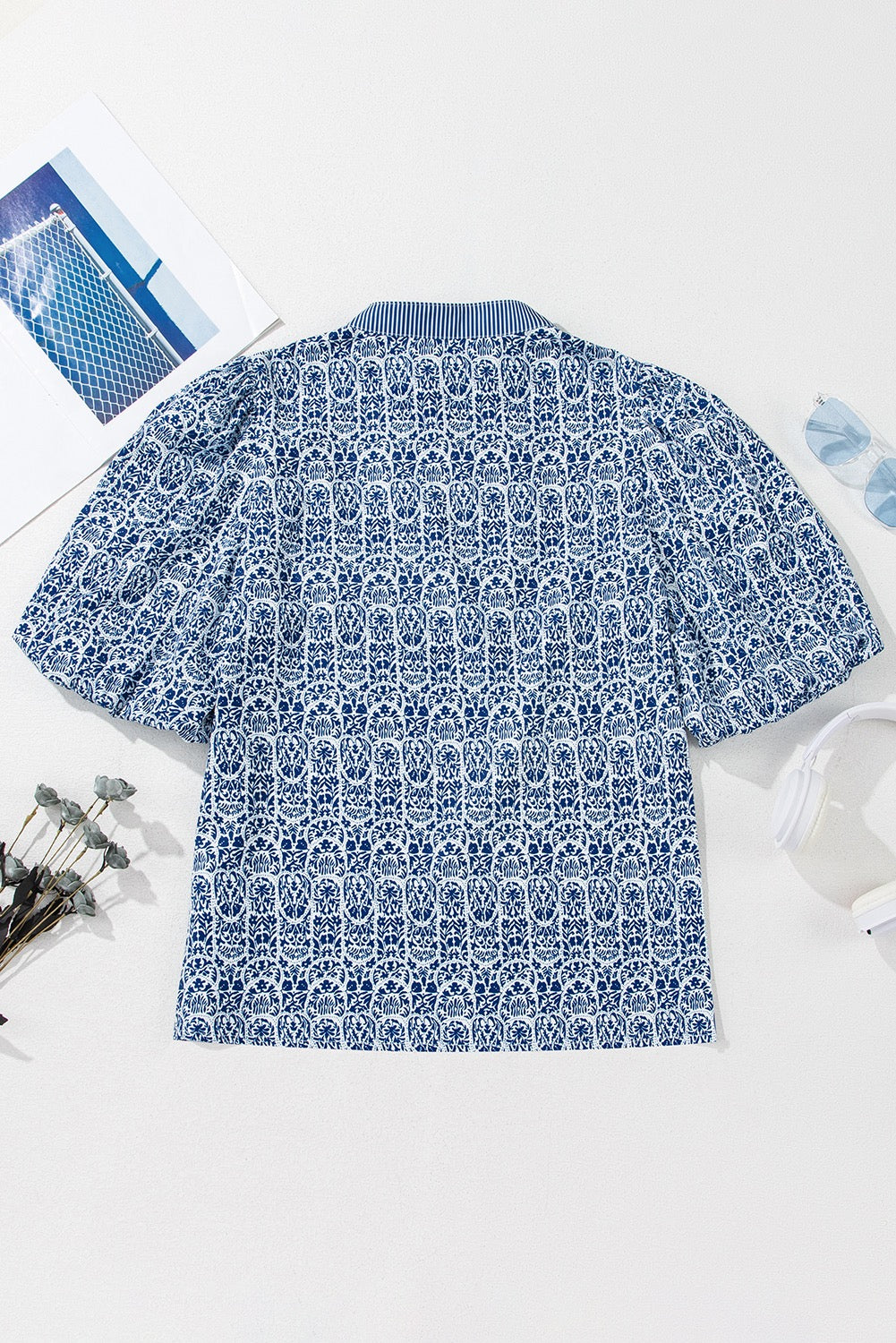 Blue Floral Striped Print Contrast Ric Rac Puff Sleeve Top