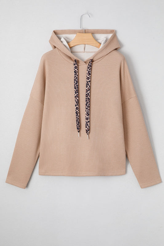Dark Khaki Thermal Textured Leopard Drawstring Baggy Hoodie