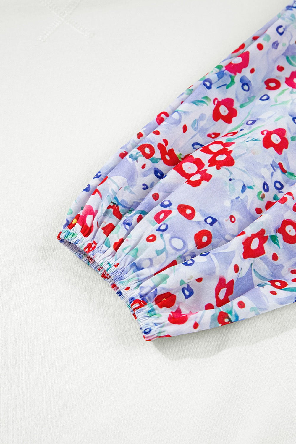 White Floral Ruffled Balloon Sleeve Patchwork Loose Fit Blouse