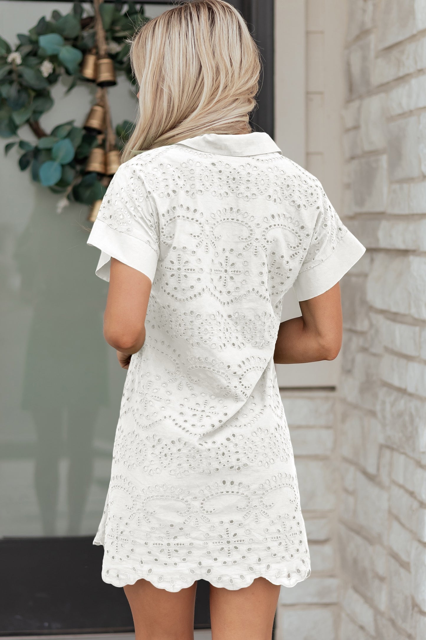 White Eyelet Embroidered Shirt Dress