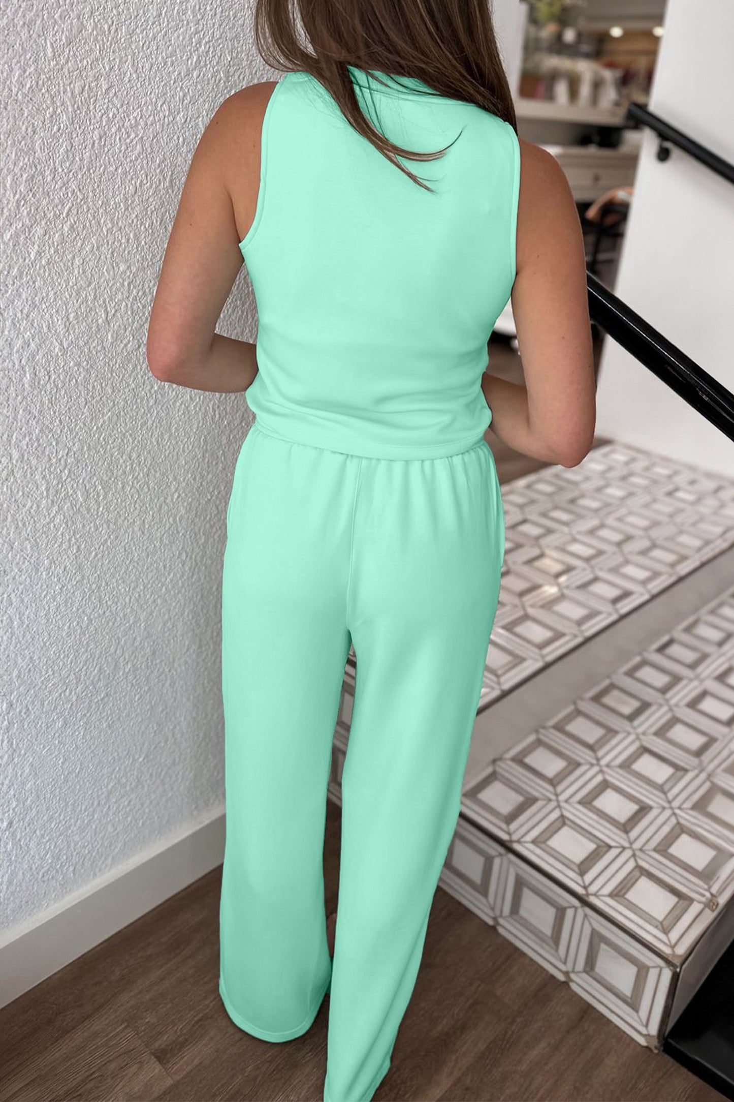 Jade Drawstring Elastic Waistband Solid Color Two Piece Casual