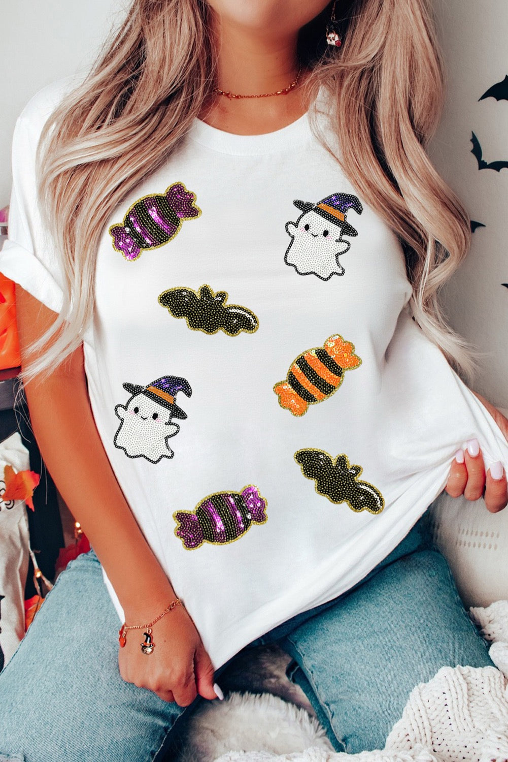 White Sequined Halloween Spirit Pattern Patched Tee