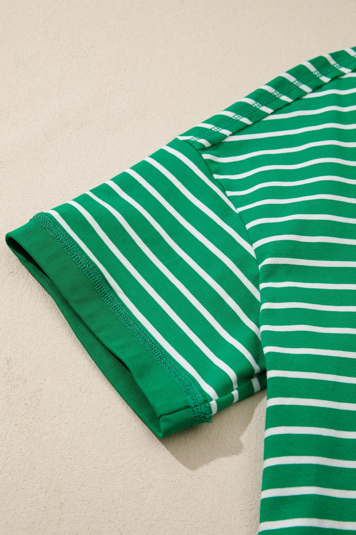 Green Stripe Ribbed Patchwork Seam Detail Half Sleeve Tee