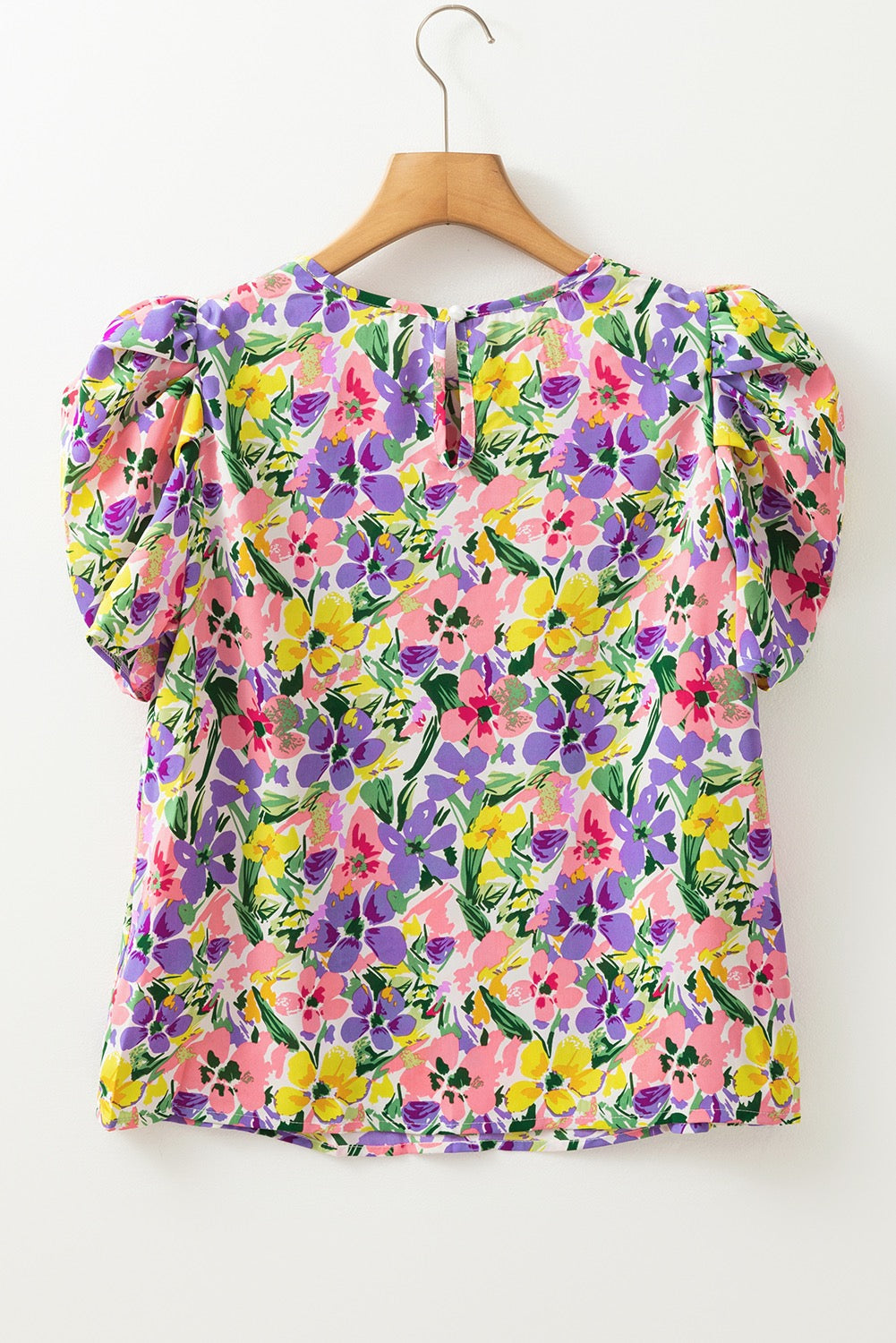 Blouse Purple Floral Print Puff Short Sleeve Crew Neck Blouse