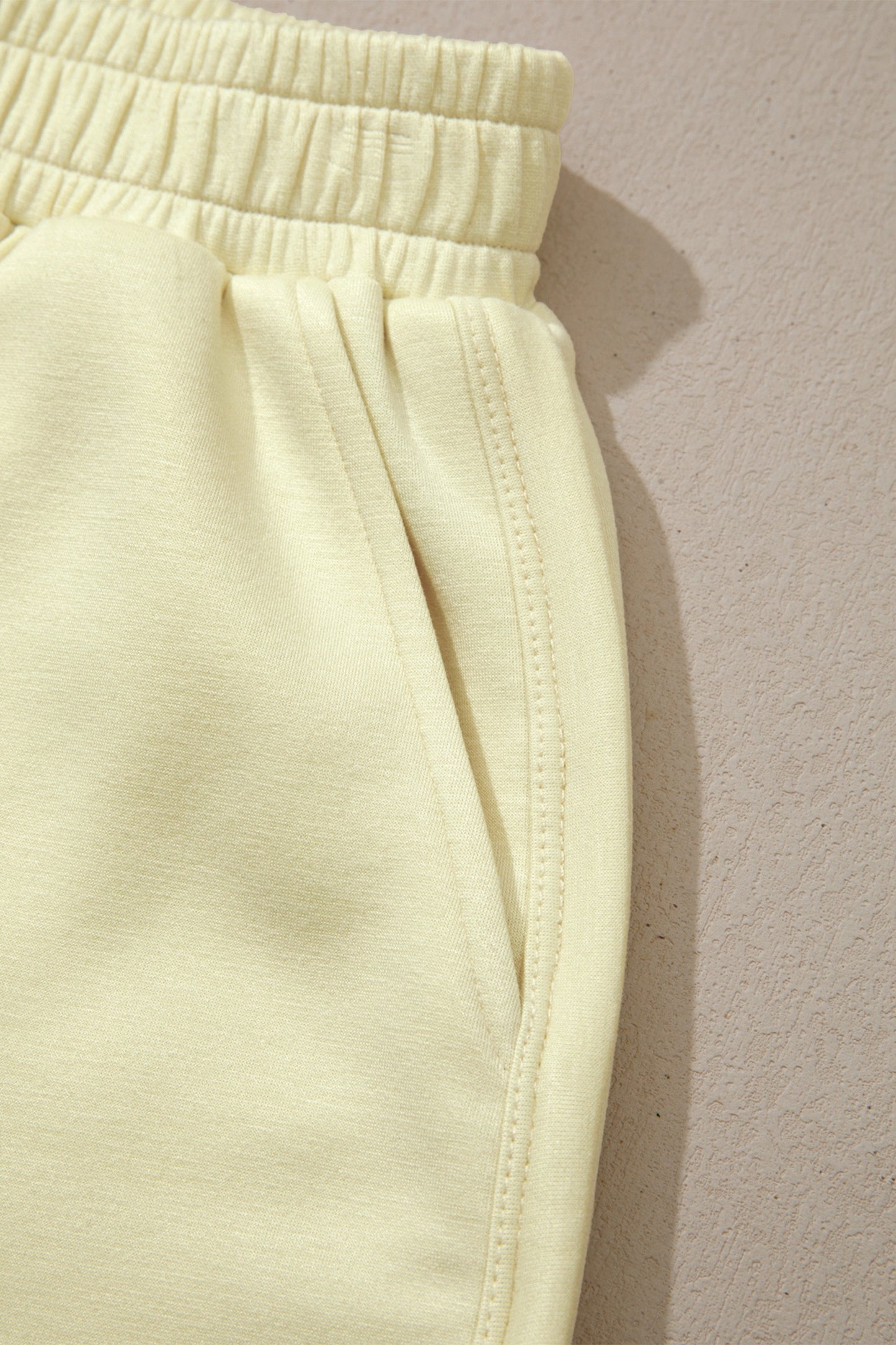Yellow Cream Solid Color Exposed Seam Mock Neck Oversize Tee Casual Shorts 2pcs Set