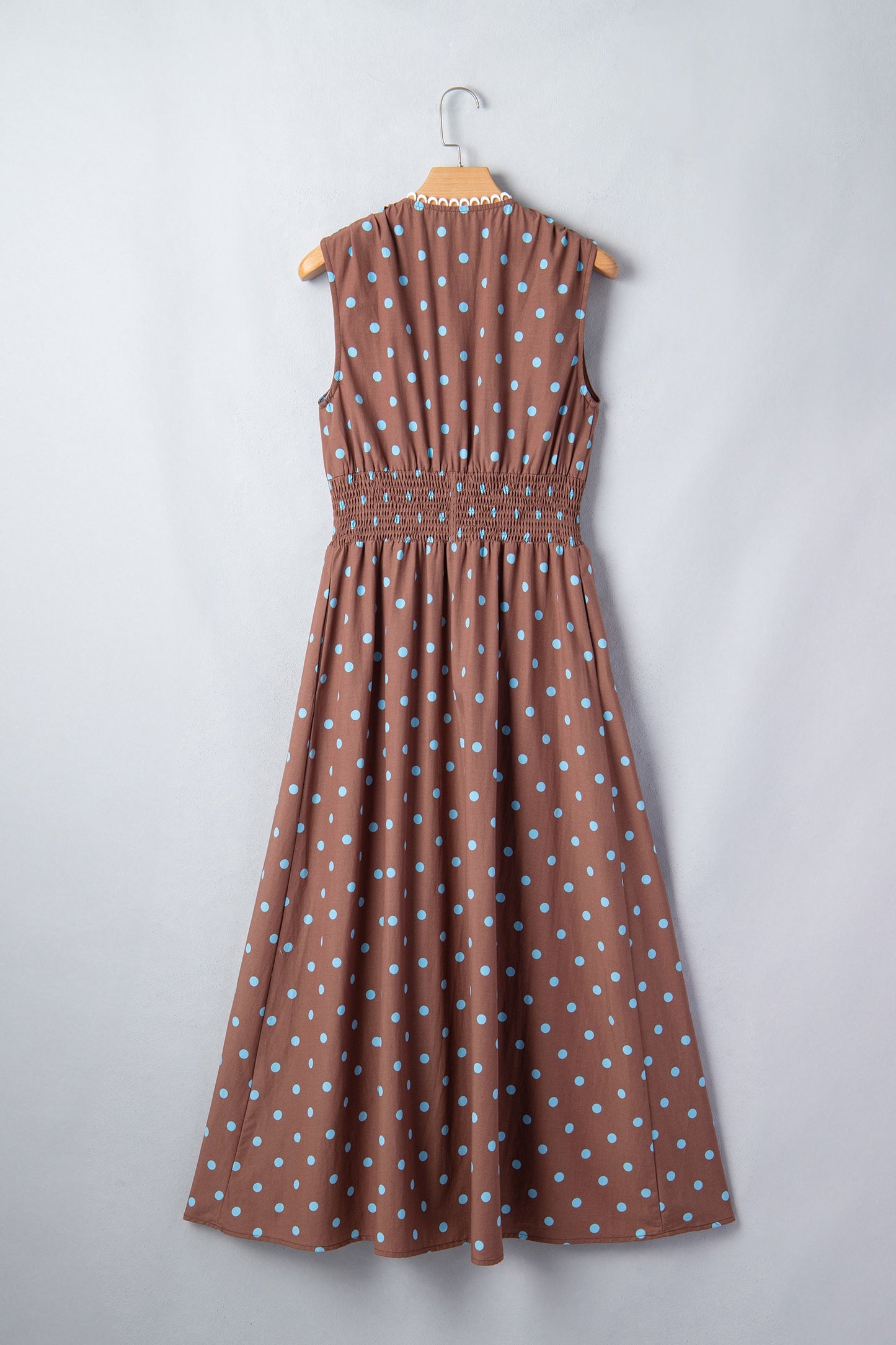 Brown Polka Dot Print Contrast Trim V Neck Zip Up Sleeveless Dress