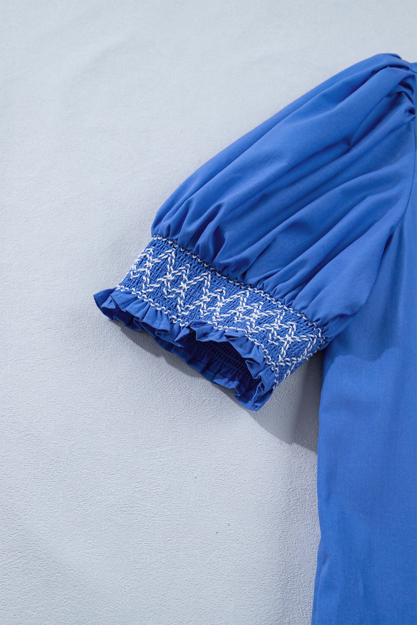 Blue Embroidered Smocked Detail V Neck Short Puff Sleeve Dress