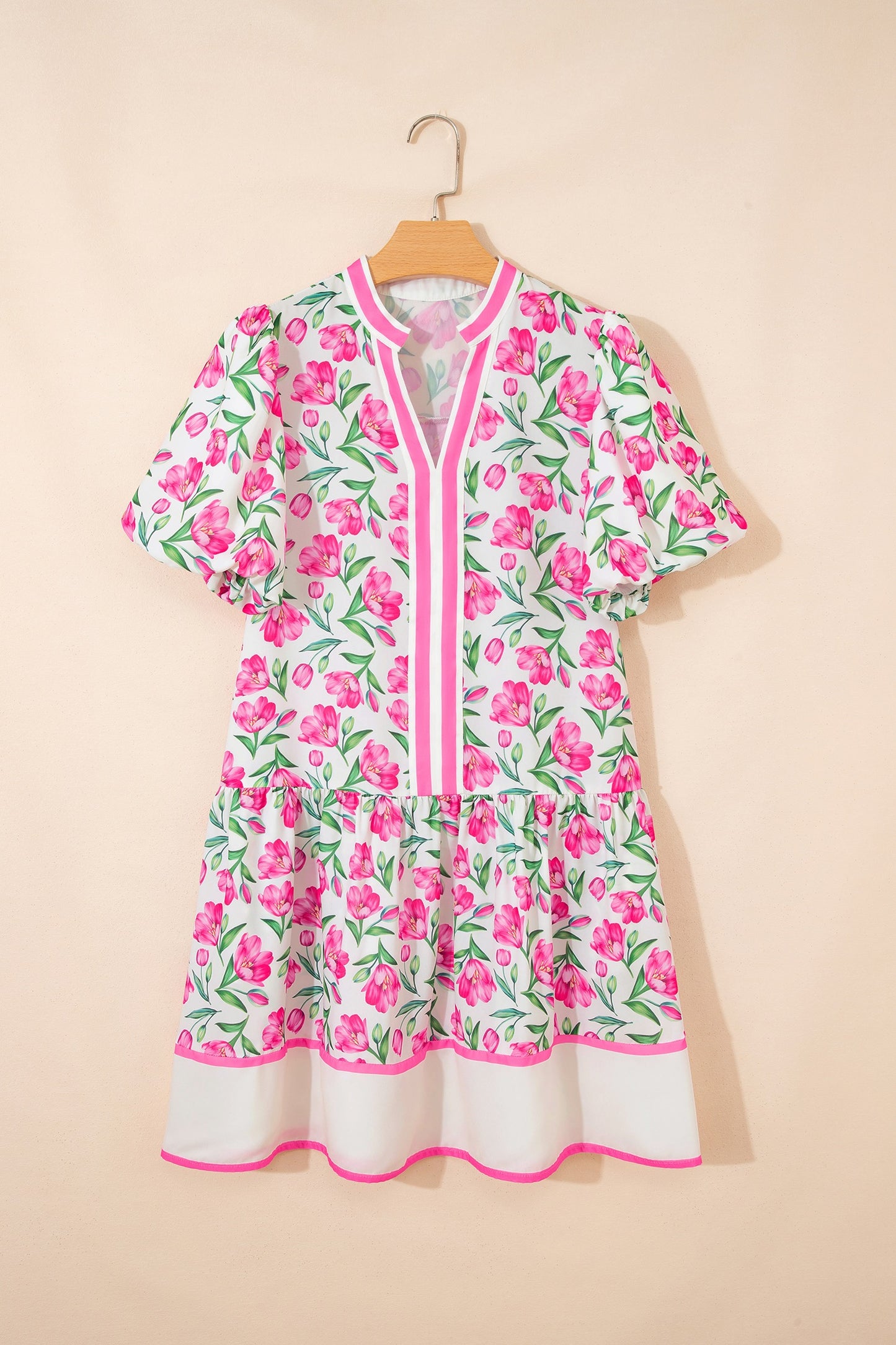 Sweet Floral Print Striped Color Block Trim Dress