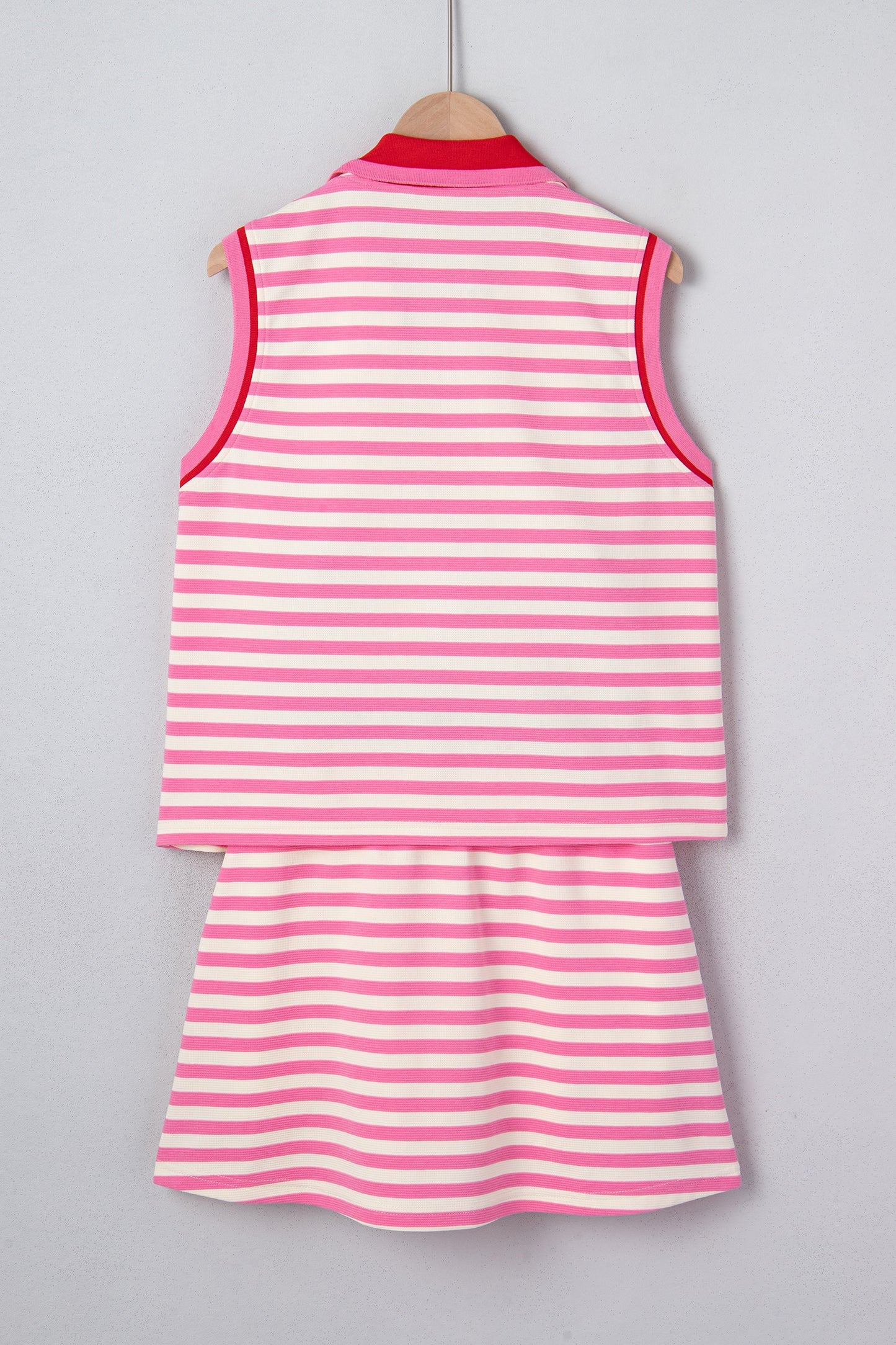Pink Stripe Contrast Trim Short Sleeve Top Loose Skort 2pcs Casual Outfit