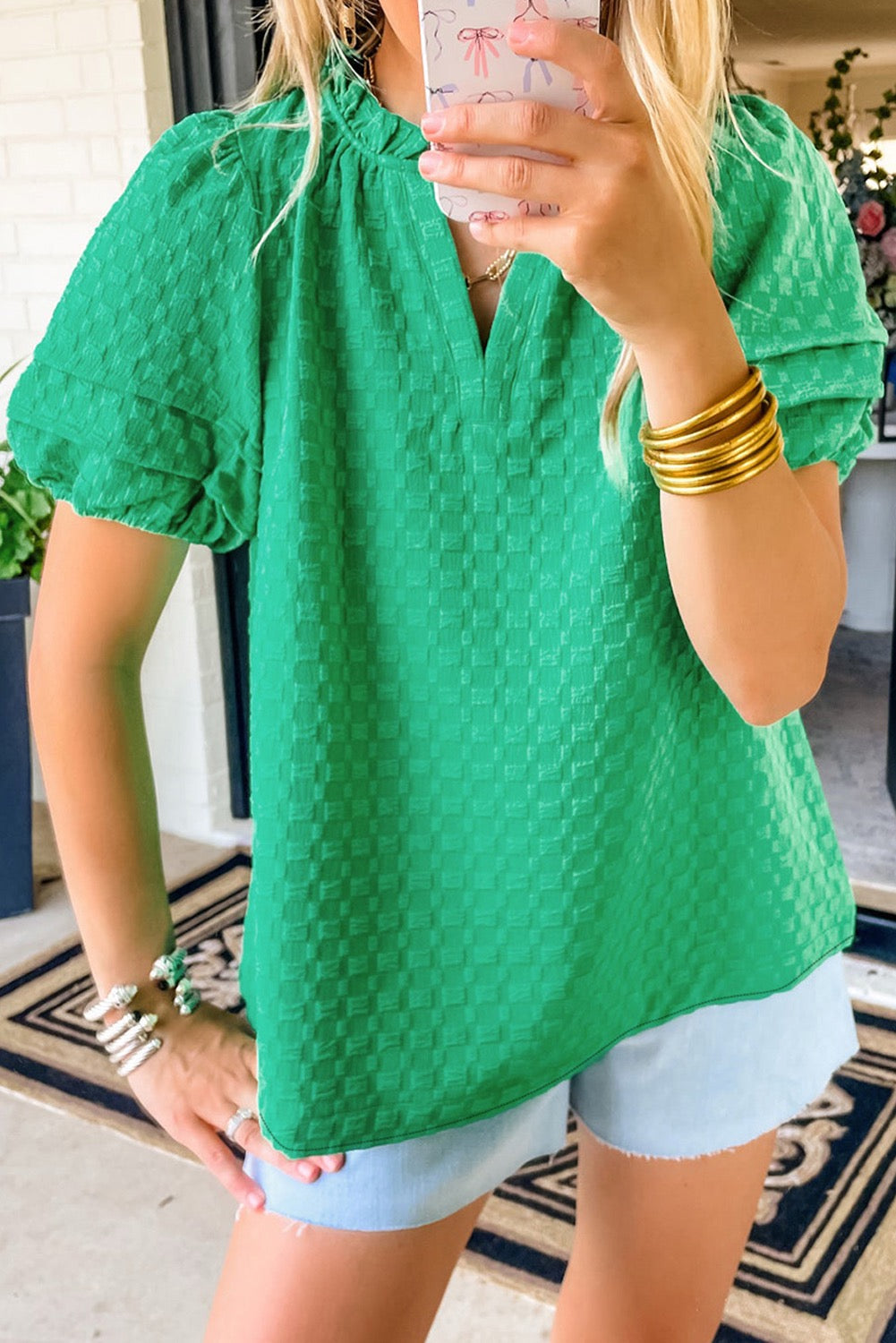 Green Textured Top with Puff Sleeves