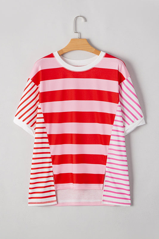 Pink Stripe Patchwork Round Neck Side Split Loose Tee