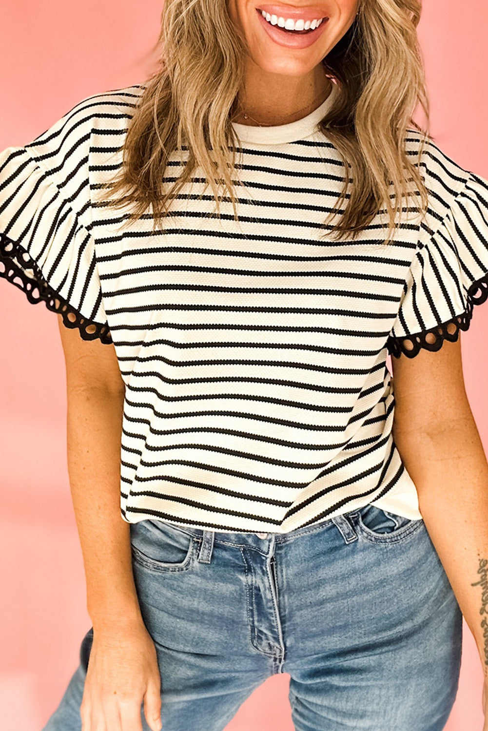 Black Stripe Scallop Lace Trim Ruffle Crewneck Top