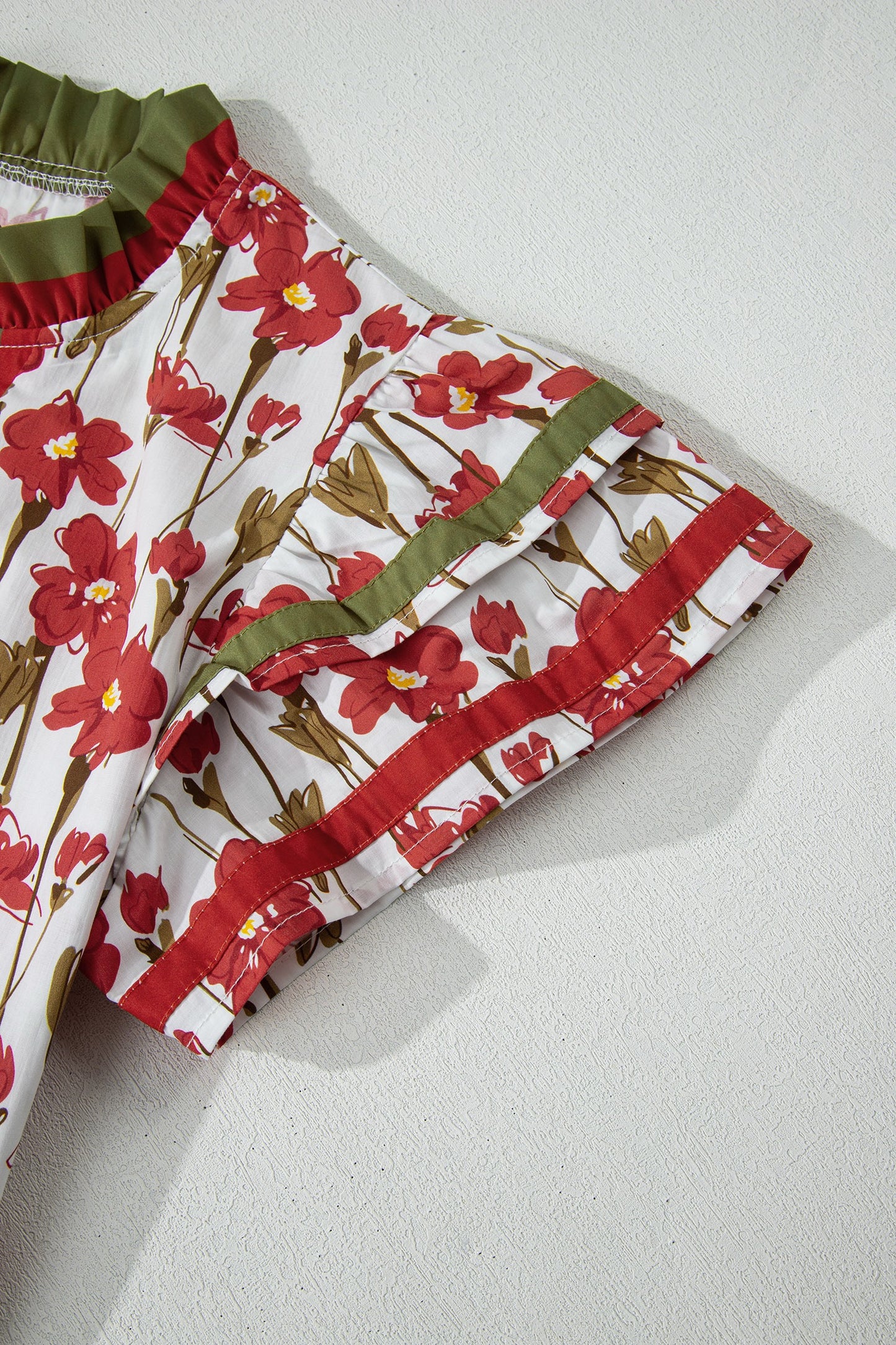 Red Floral Print Contrast Trim V Neck Double Ruffled Short SleeveTop