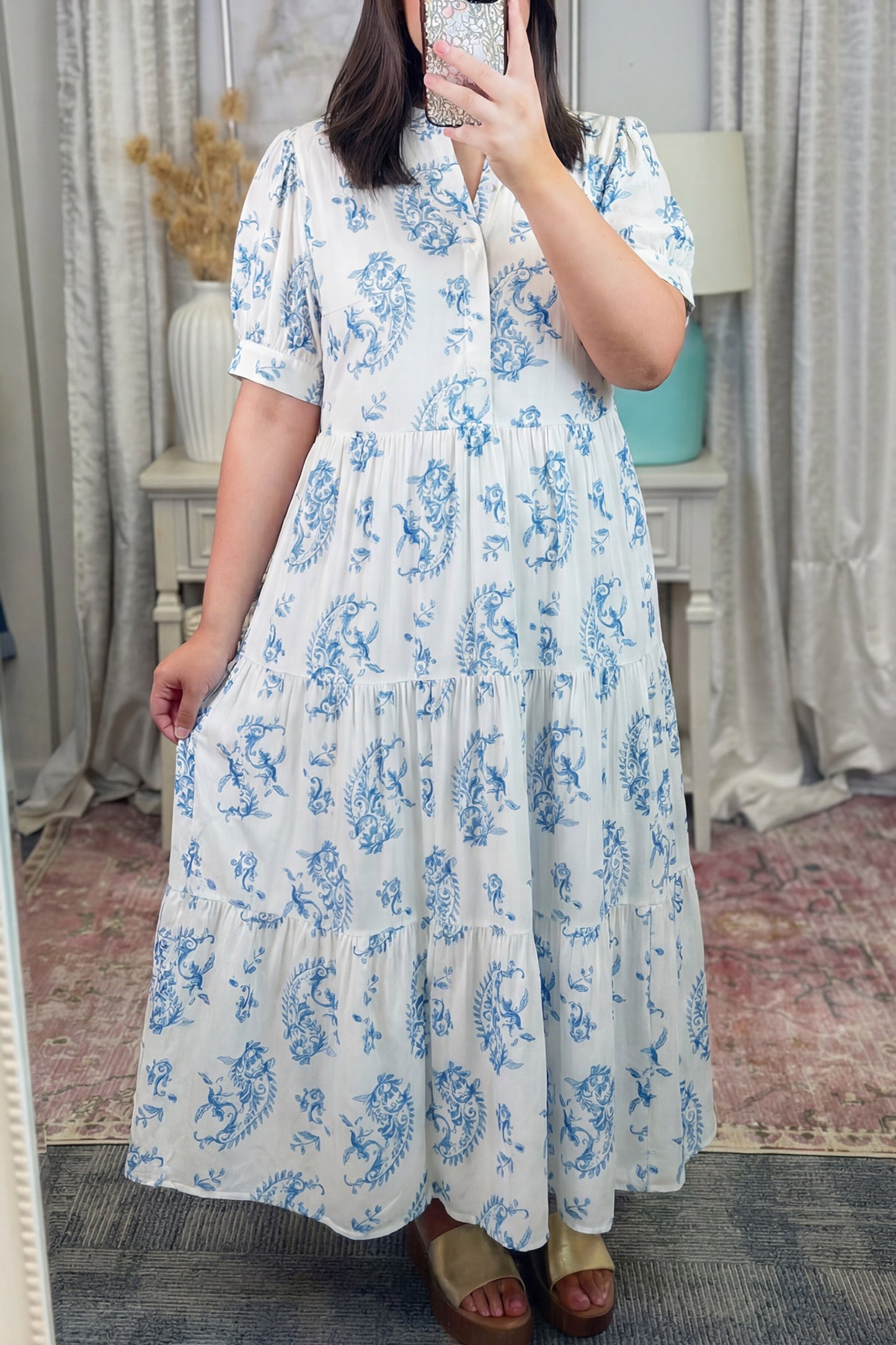 Sky Blue Plus Size Geometric Floral Print Button Split Neck Short Sleeve Maxi Dress (ships mid April)