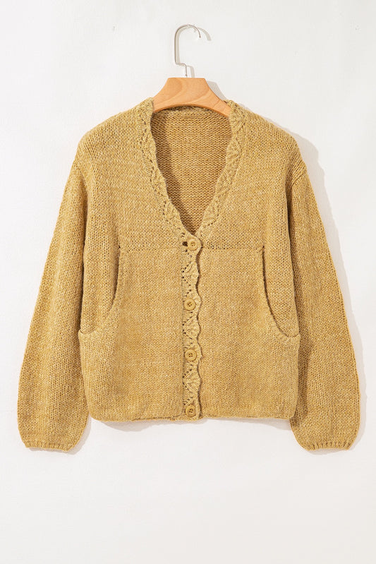 Light French Beige Lantern Sleeve Scallop V Neck Button Front Cardigan