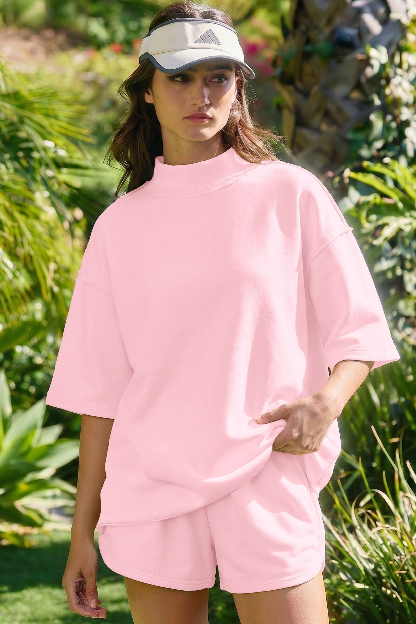 Pink Cream Solid Color Exposed Seam Mock Neck Oversize Tee Casual Shorts 2pcs Set