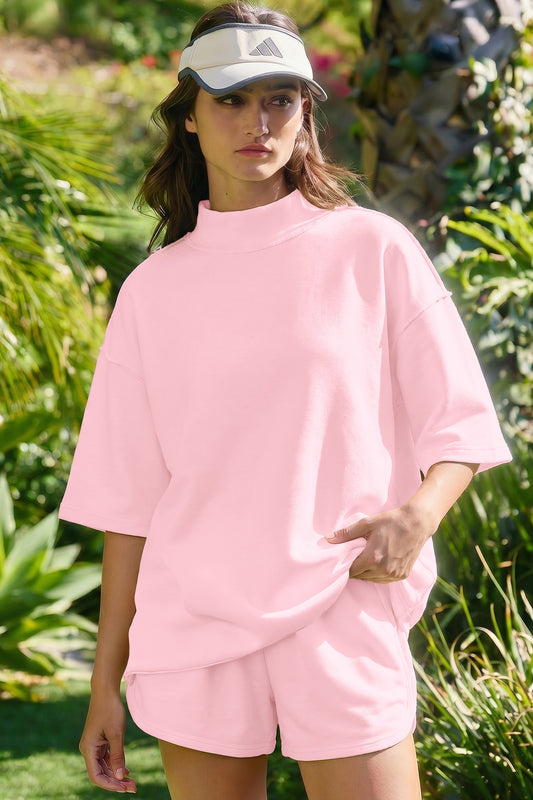 Pink Cream Solid Color Exposed Seam Mock Neck Oversize Tee Casual Shorts 2pcs Set