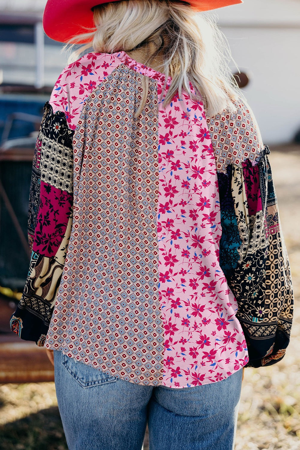 Pink Boho Mixed Floral Bubble Sleeve Blouse