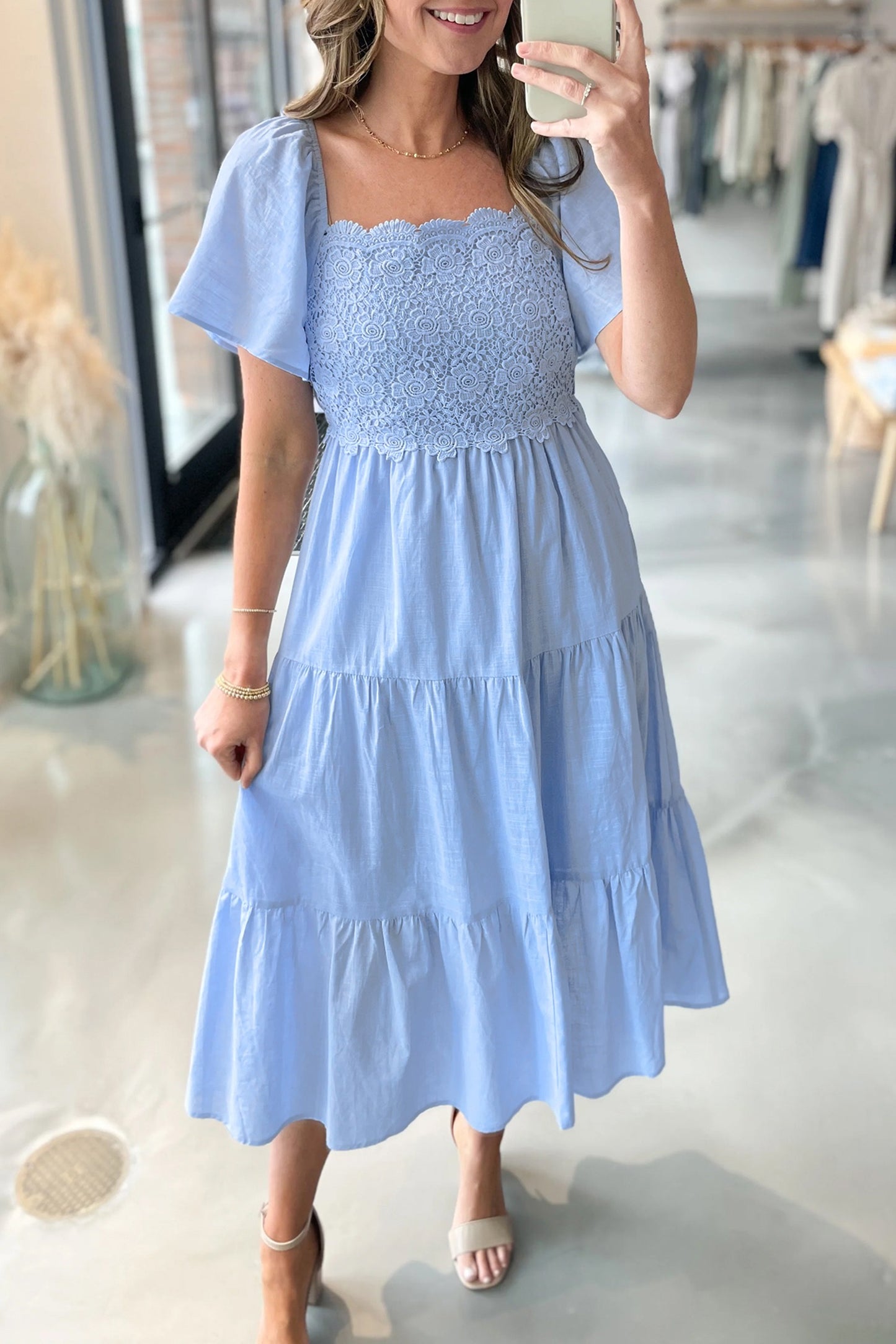 Blue Flowy Short Sleeve Lace Detail Square Neck Tiered Midi Dress