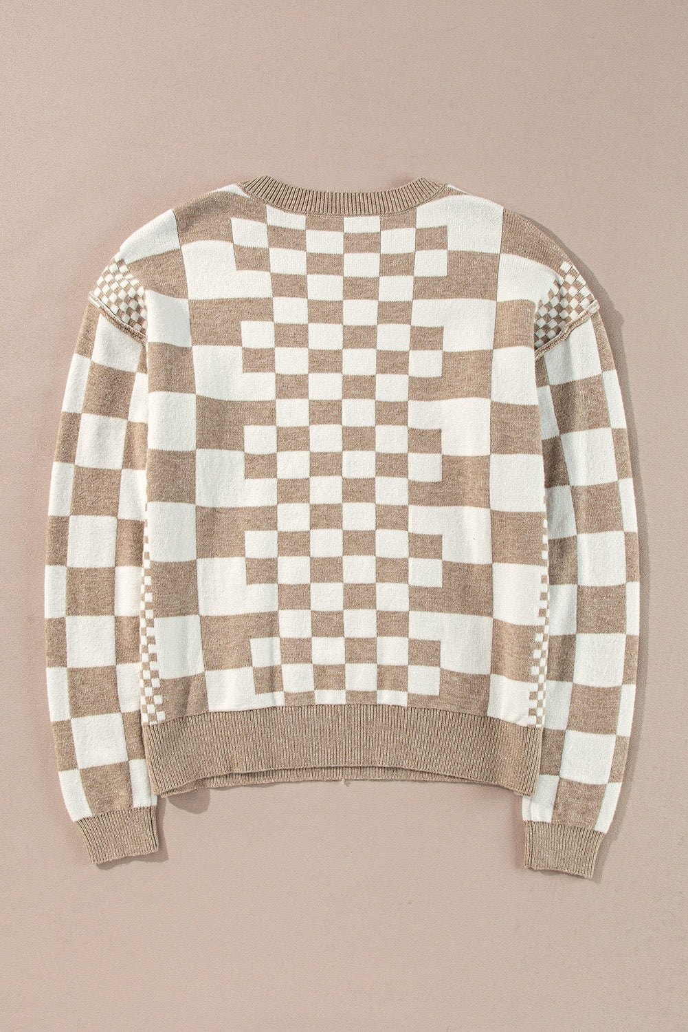 Beige Checkered Round Neck Sweater