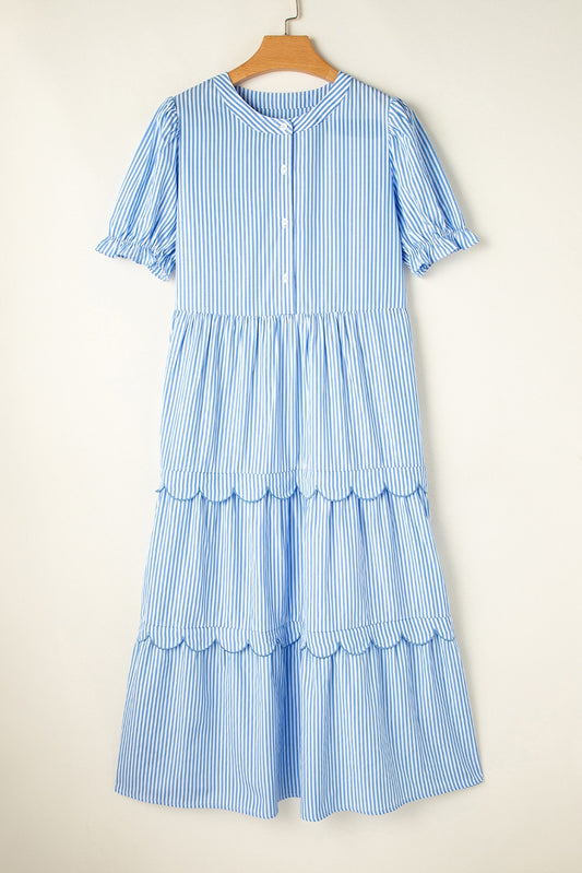 Sky Blue Stripe Bubble Sleeve Scallop Tiered Dress