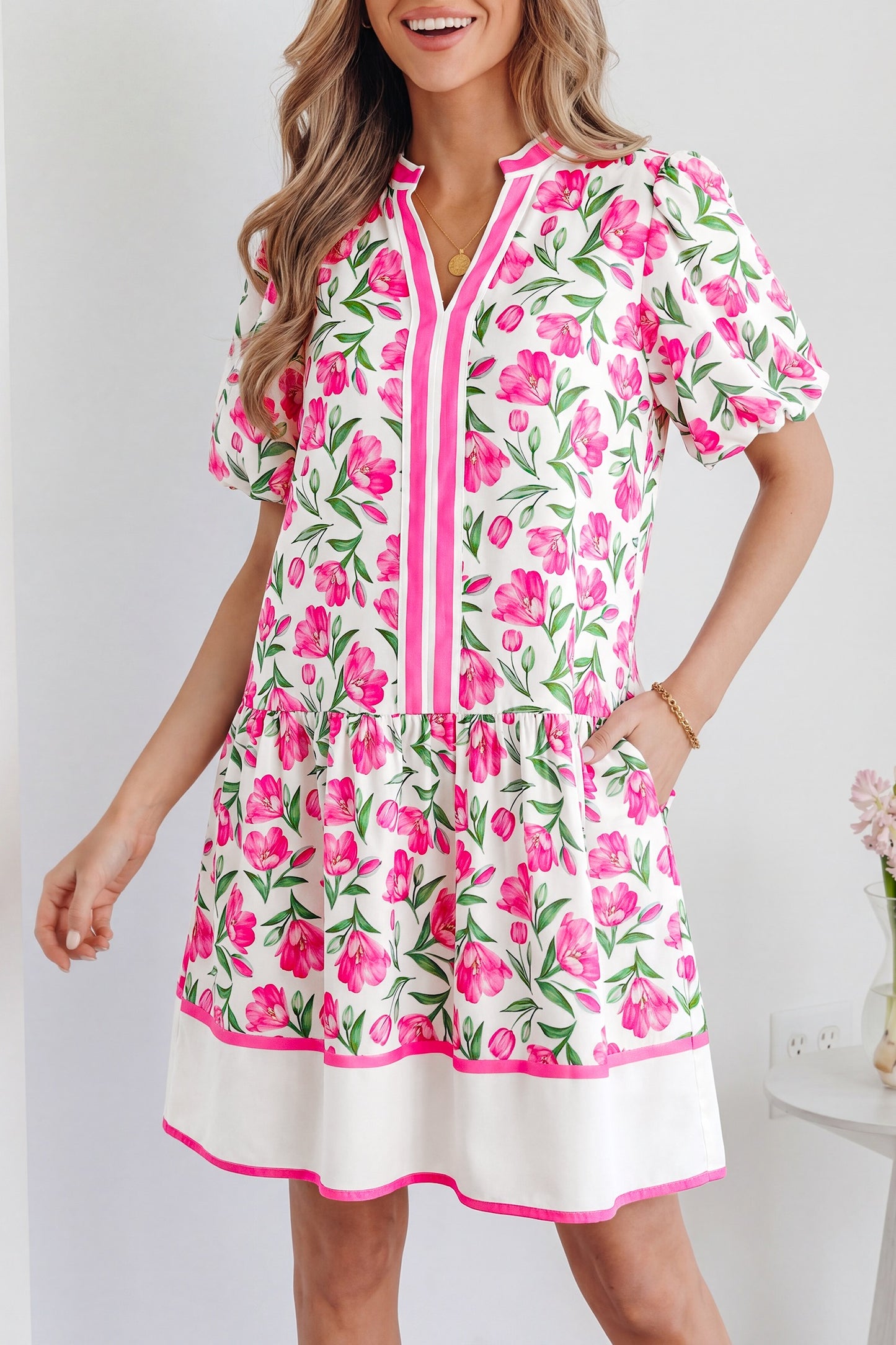 Sweet Floral Print Striped Color Block Trim Dress