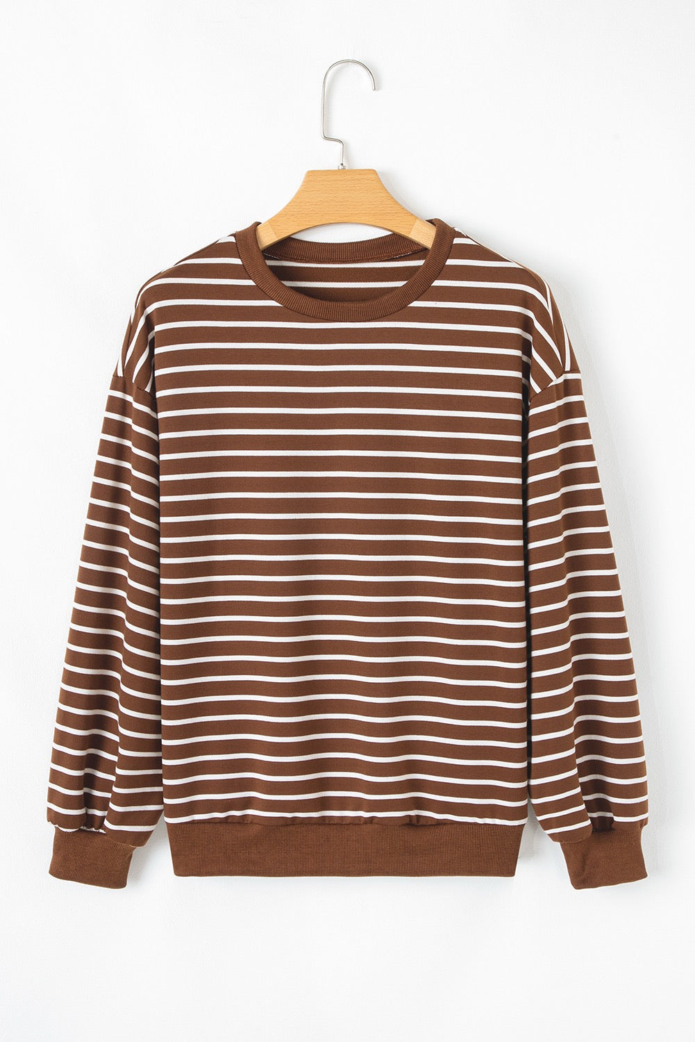 Coffee Striped Long Sleeve Round Neck Loose Fit Tee