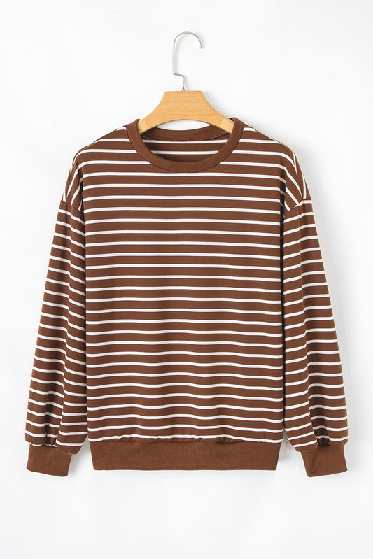 Coffee Striped Long Sleeve Round Neck Loose Fit Tee