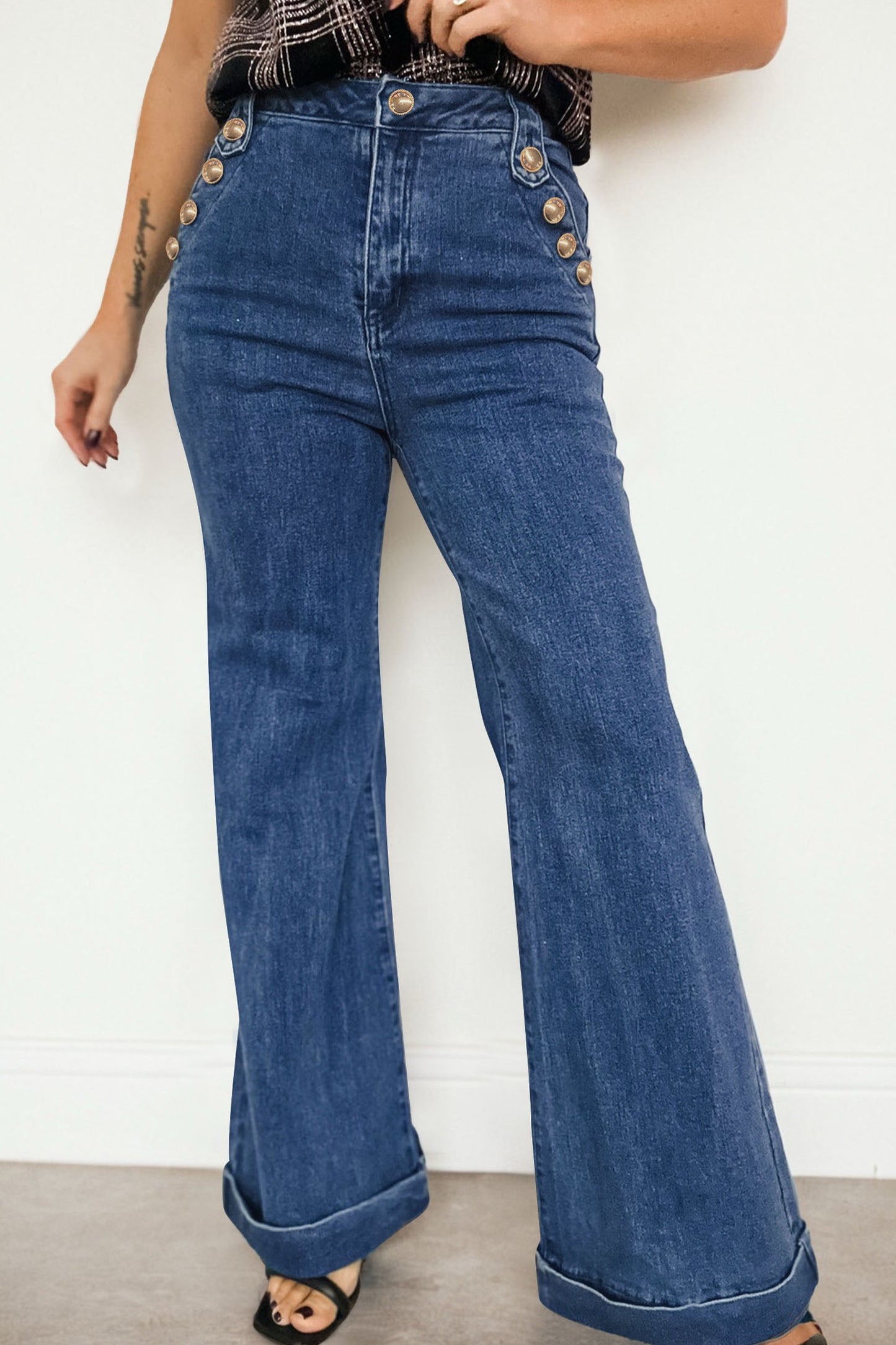 Golden Button Flare Leg Jeans