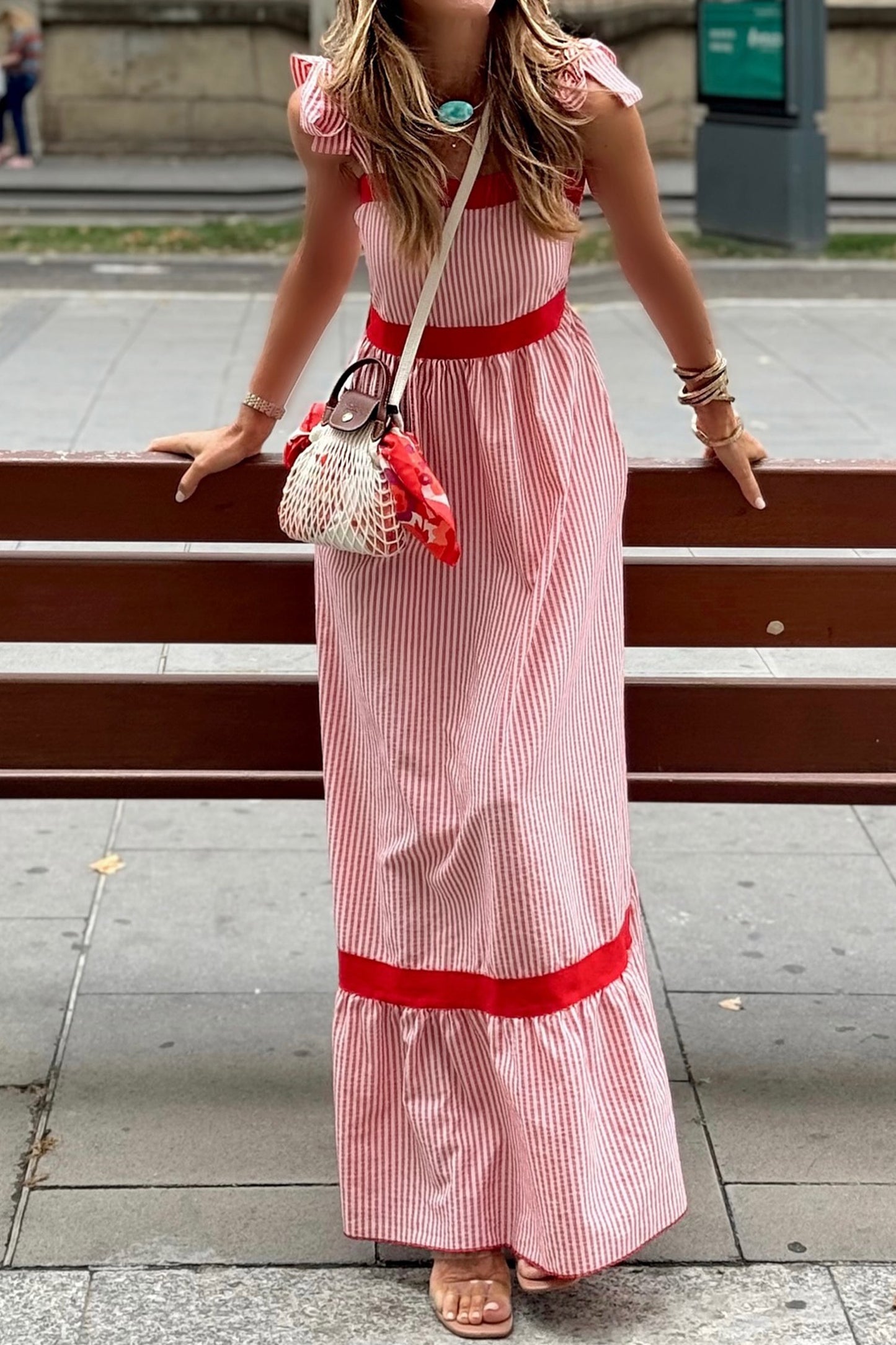 Red Stripe Bow Knot Straps Contrast Trim High Waist Ruffle Hem Maxi