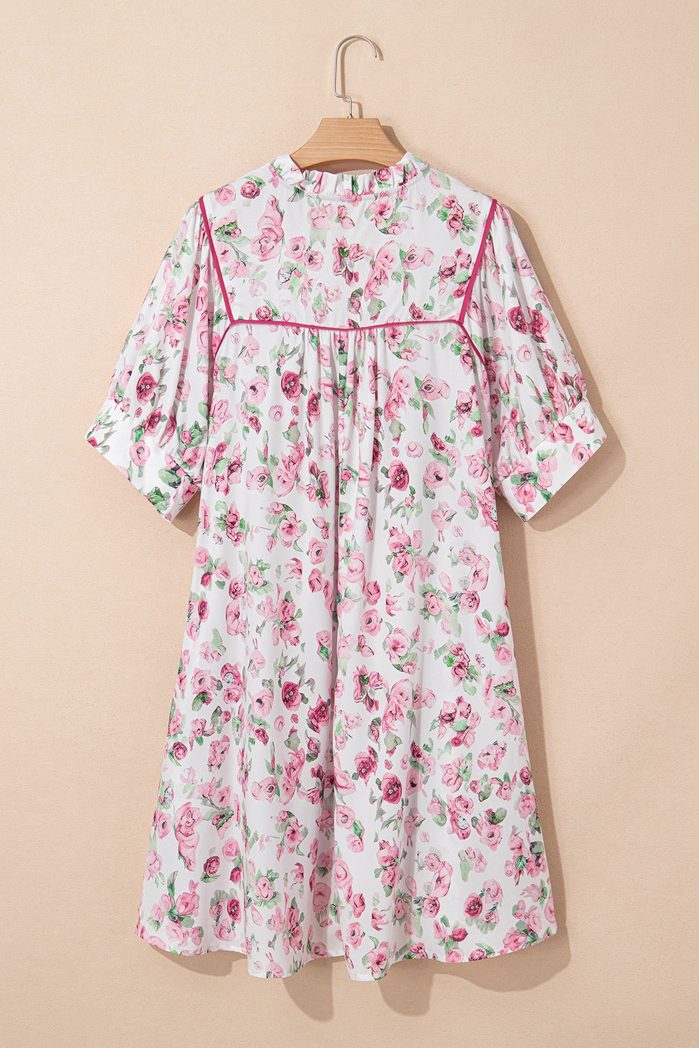 Pink Floral Split Neck Short Sleeve Loose Plus Size Mini Dress