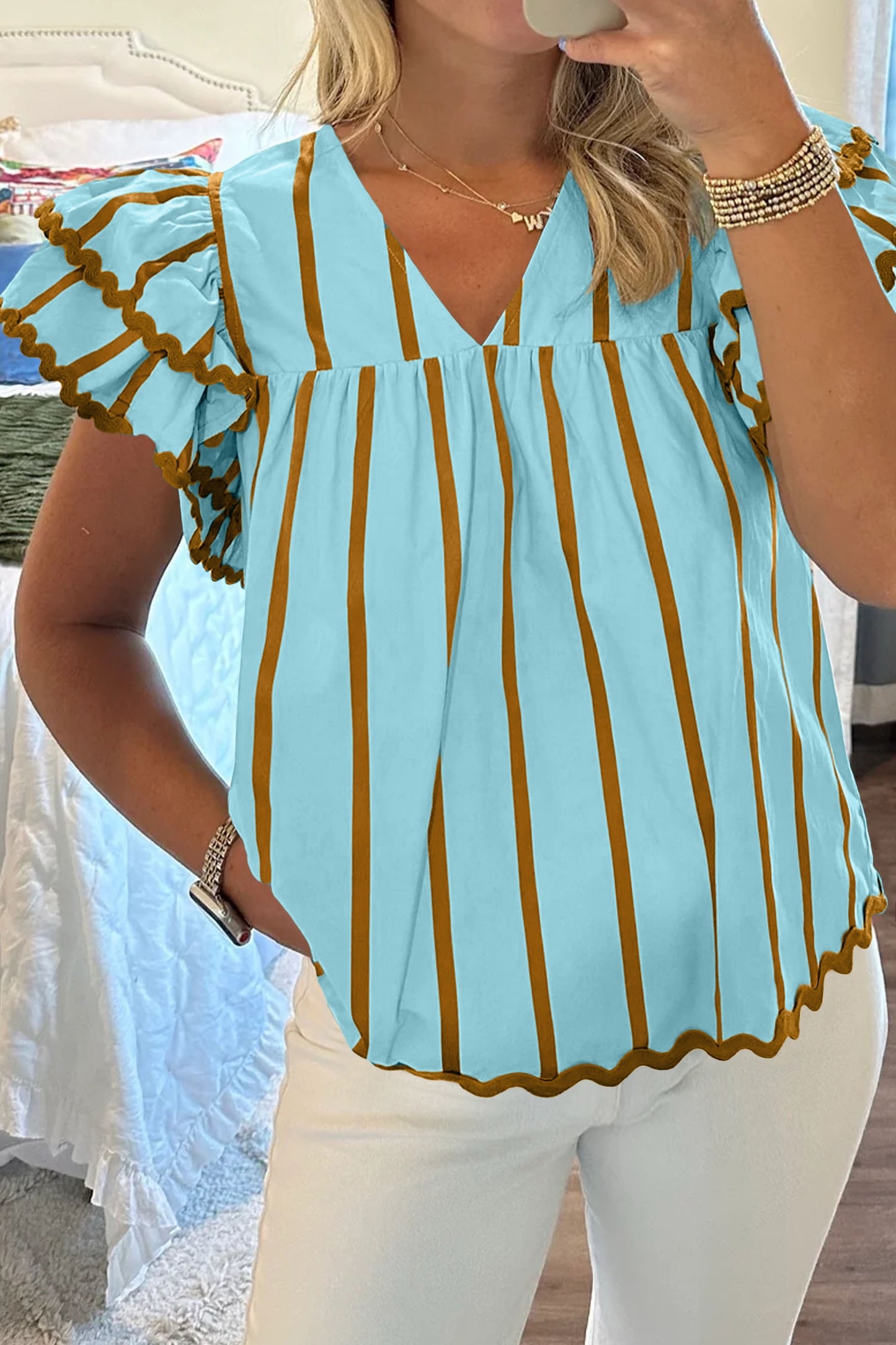 Sky Blue Stripe Ricrac Trim Double Ruffled Short Sleeve V Neck Blouse (ships 5/1)