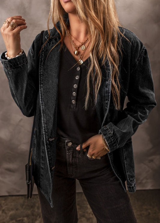 Black Lapel Collar Denim Jacket