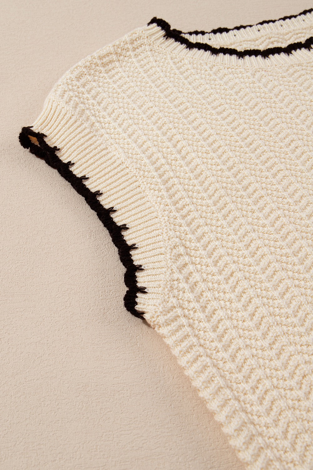 Beige Contrast Trim Boxy Fit Knit Short Sleeve Sweater Top