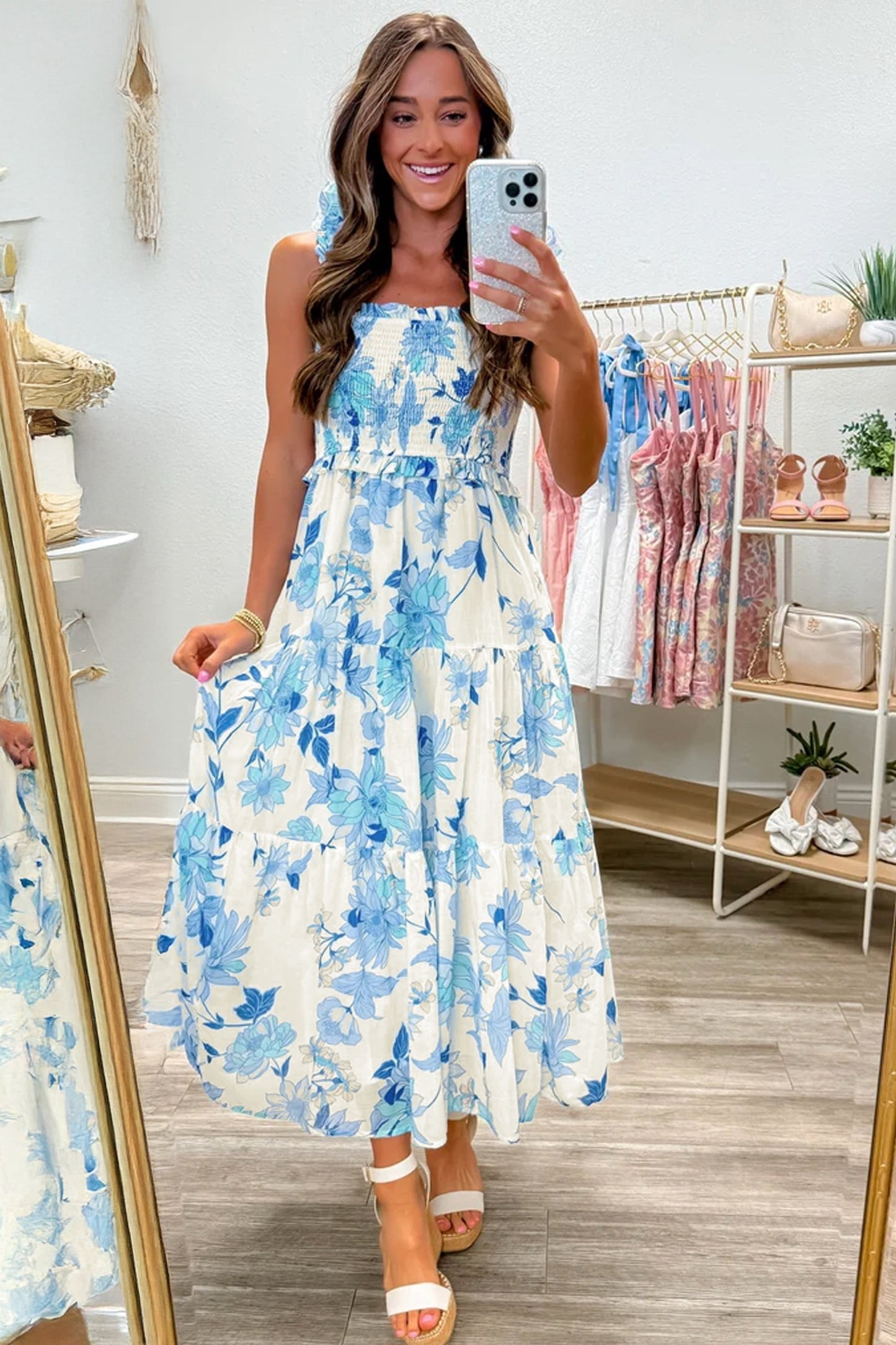 Blue Ruffled Straps Smocked High Waist Floral Maxi Dress