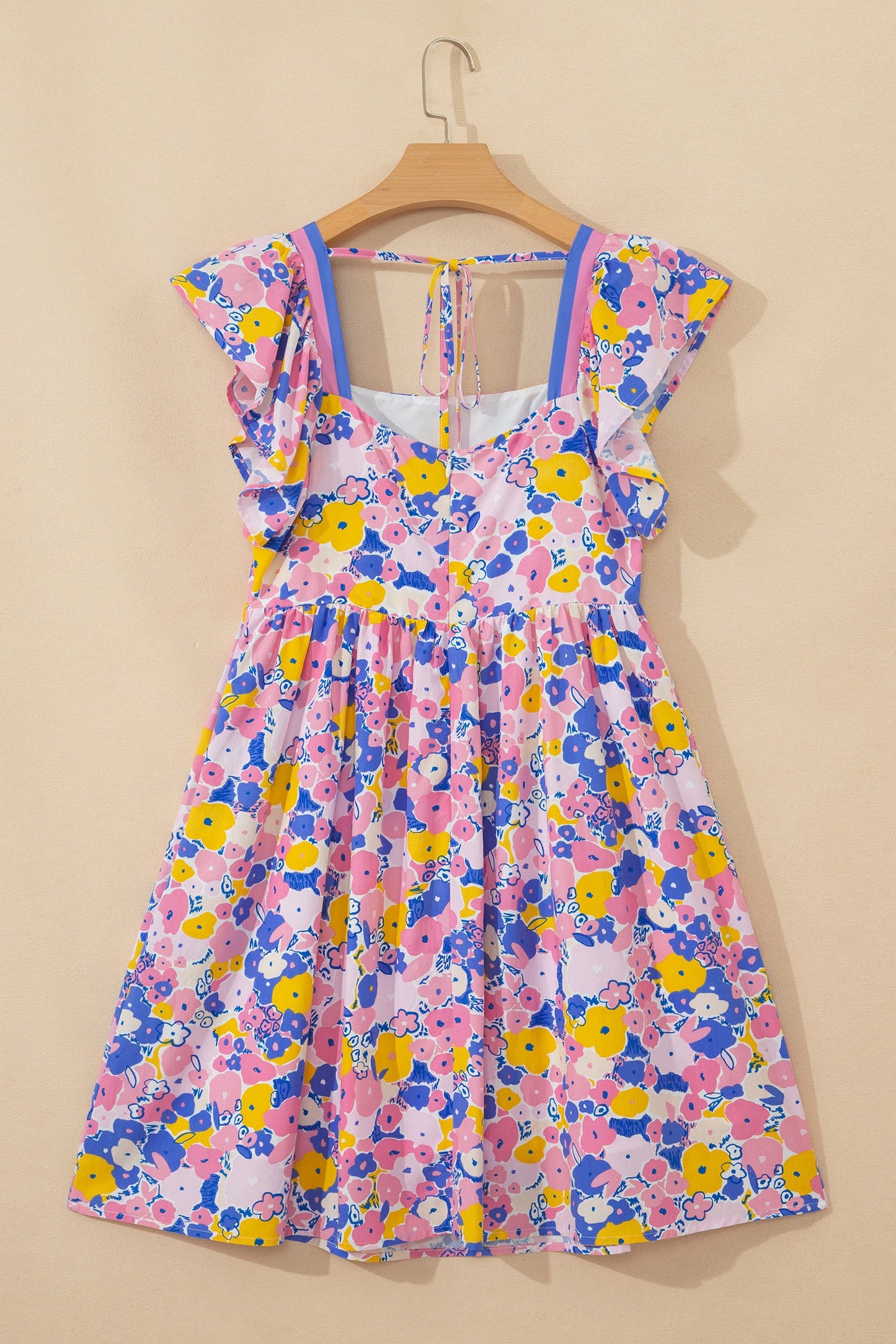 Multicolour Floral Print Flutter Sleeve Striped Trim Square Neck Loose Dress