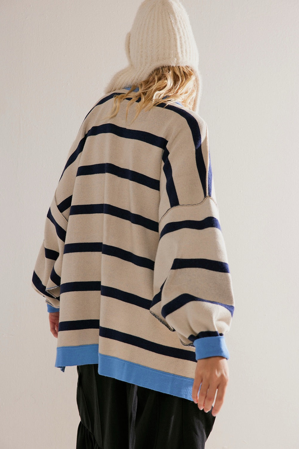 Beige Colorblock Drop Shoulder Buttoned Loose Cardigan