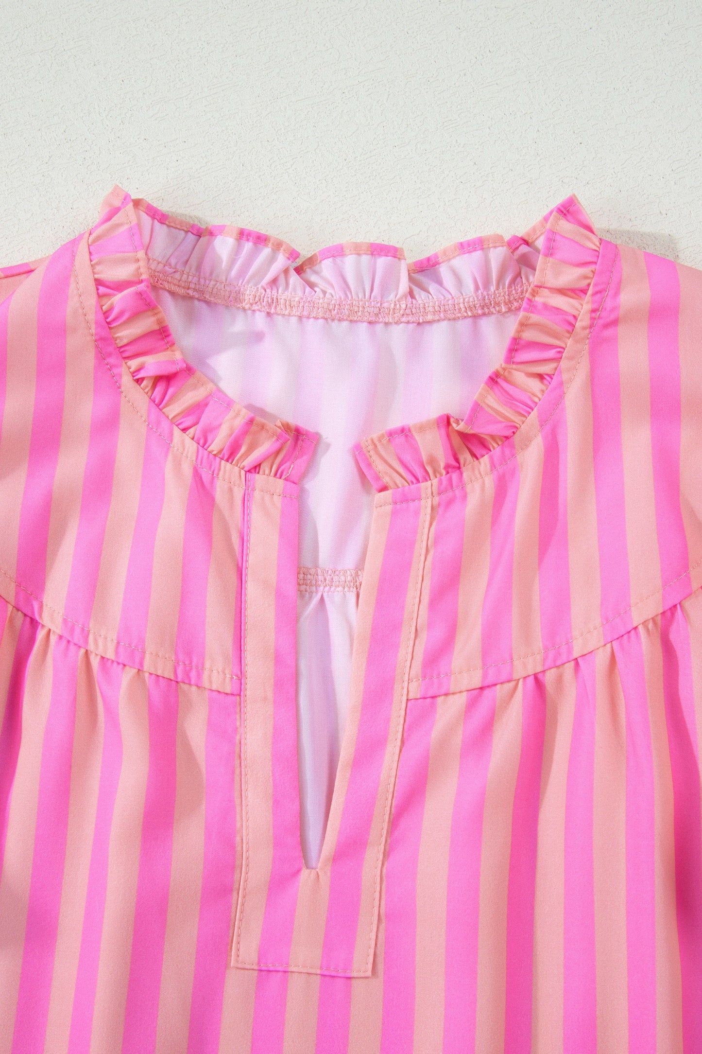 Pink Stripe Split Neck Ruffled Summer Top