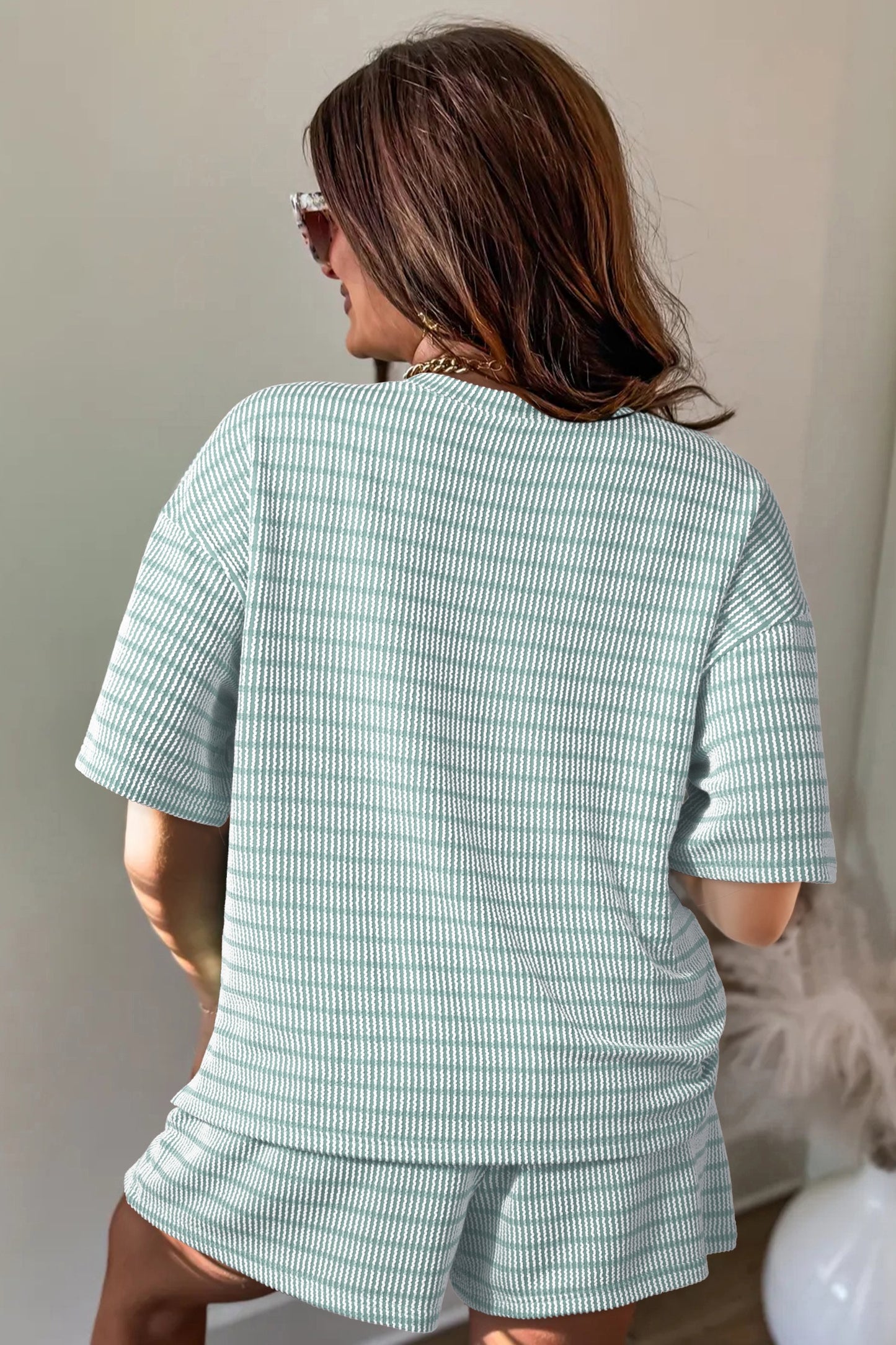 Green Stripe Raised Rib Loose Tee Drawstring Elastic Waist 2pcs Short