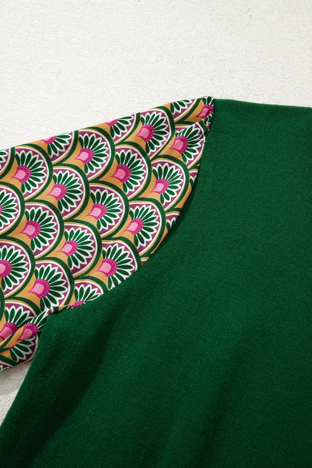 Green Floral Patchwork Shirred Cuff Puff Sleeve Sweater