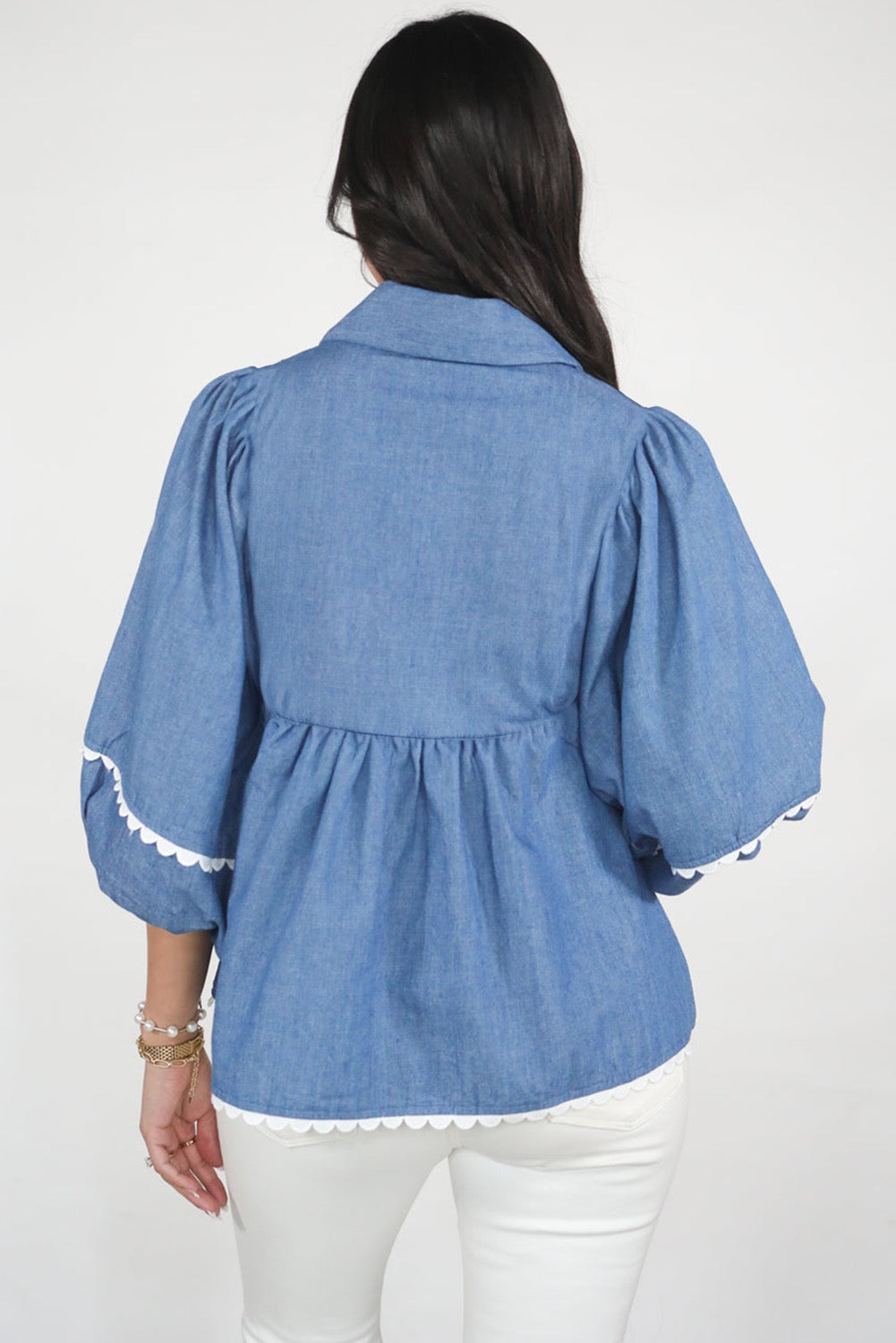 Dusk Blue Lace Ric Rac 3/4 Puff Sleeve Collared Babydoll Blouse