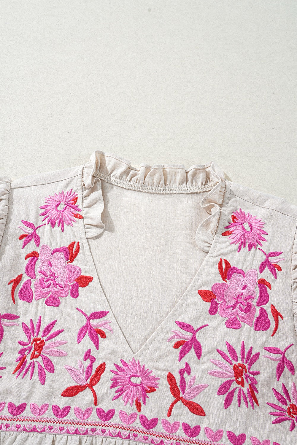 Beige Floral Embroidered Short Sleeve Notched V Neck Blouse