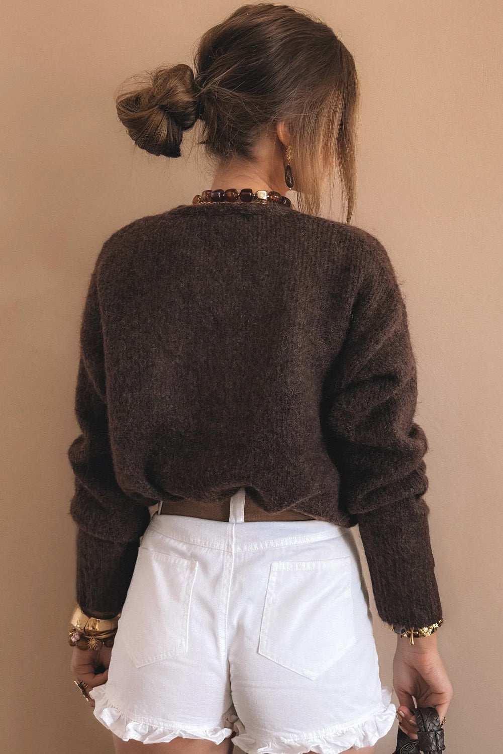 Coffee Heart Metal Button V Neck Cardigan Sweater