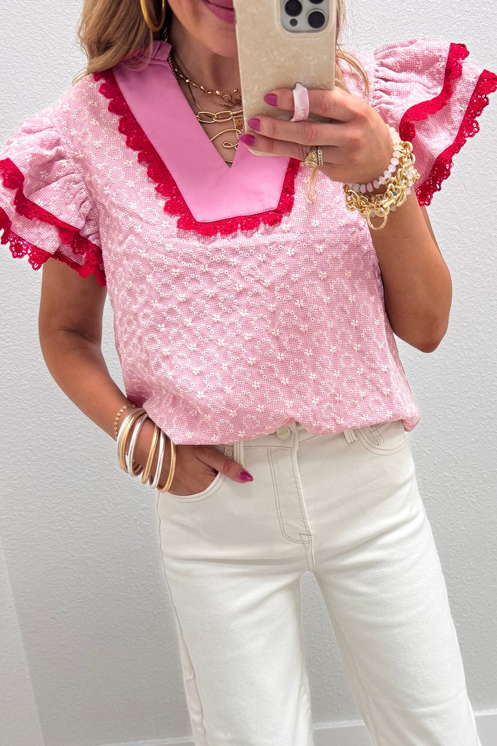 Pink Square Neck Short Puff Sleeve Pleated Floral Blouse