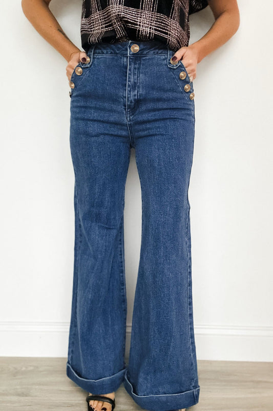 Golden Button Flare Leg Jeans