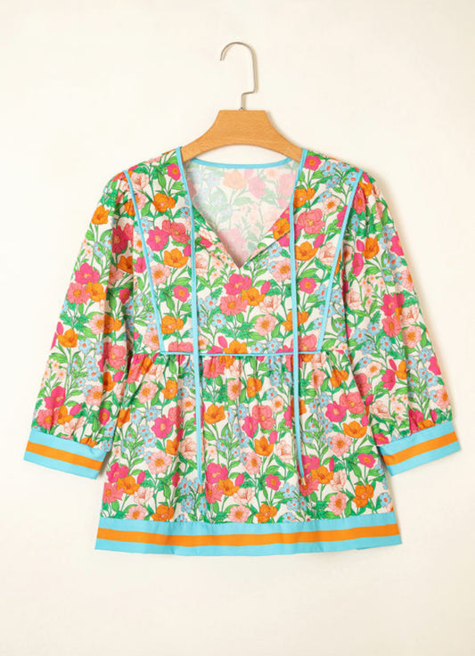 Green Floral Print Striped Trim Puff Sleeve Babydoll Blouse